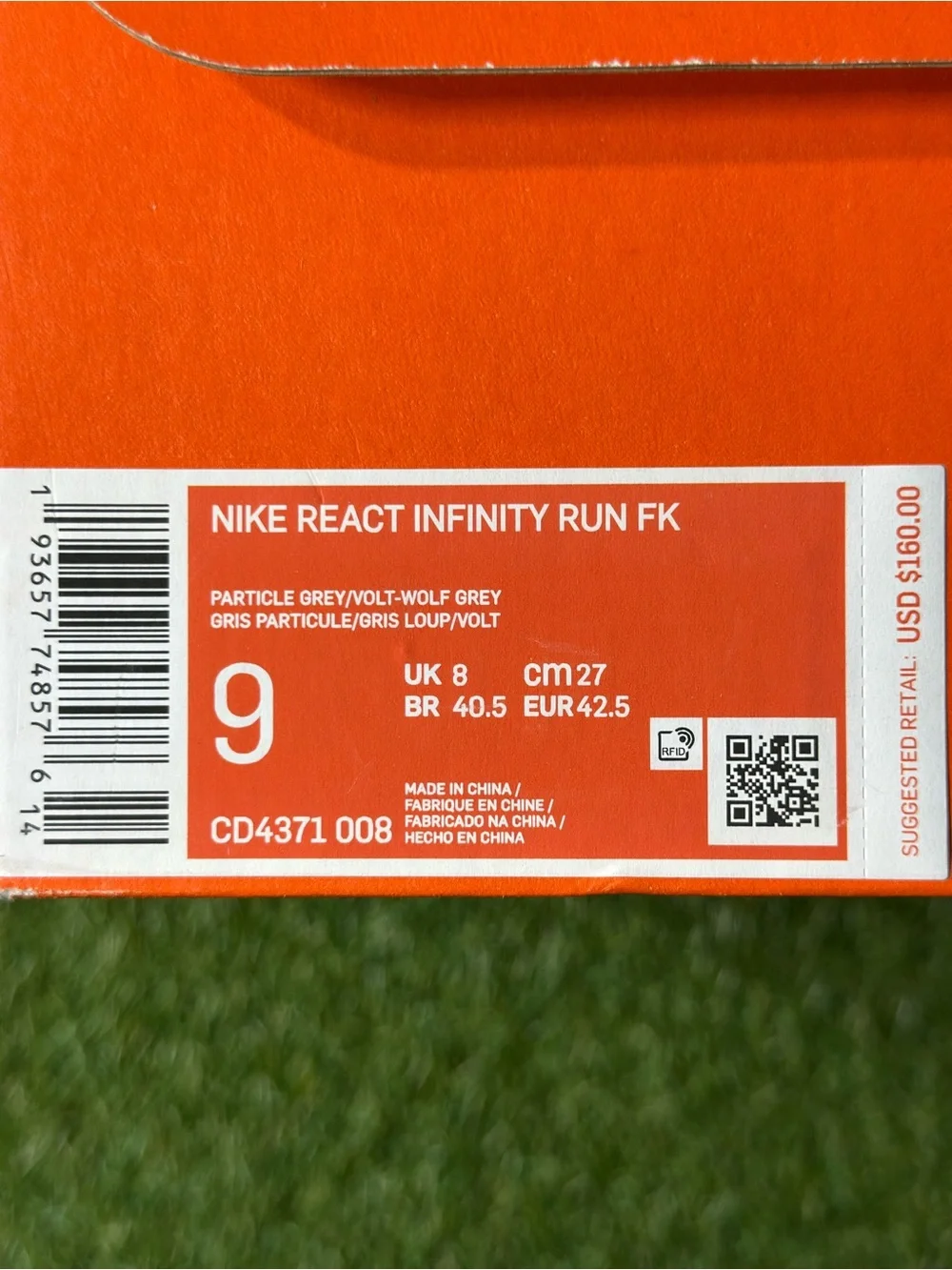 NIKE REACT INFINITY RUN FLYKNIT, SIZE : 9 MENS, COLOR: PARTICLE GREY/ VOLT- WOLF